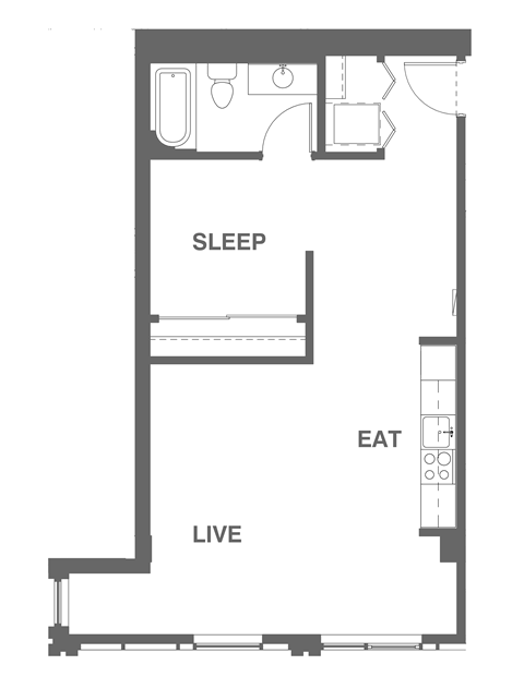 Floor plan for 1 bed, 1 bath, 651 sqft